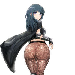 Rule 34 | armlet, armor, ass, black cape, blue hair, boots, breasts, brown pantyhose, buredoran, byleth (female) (fire emblem), byleth (fire emblem), cape, fire emblem, fire emblem: three houses, floral print, hair between eyes, huge ass, lace, lace-trimmed legwear, lace trim, nintendo, pantyhose, patterned legwear, print legwear, print pantyhose, shoulder armor, sideboob, vambraces, white background