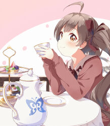 Rule 34 | 1girl, ahoge, blush, bow, brown eyes, brown hair, cake, chair, closed mouth, cup, elbows on table, food, hair ribbon, hakozaki serika, holding, holding cup, idolmaster, idolmaster million live!, idolmaster million live! theater days, long hair, long sleeves, looking at viewer, macaron, pink background, plate, red ribbon, ribbon, sitting, smile, solo, table, teapot, tiered tray, toma (shinozaki), twintails, two-tone background, very long hair, white background