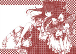 Rule 34 | 2girls, apron, bad id, bad pixiv id, barefoot, bow, checkered background, female focus, hair bow, hair tubes, hakurei reimu, hat, hat bow, kasuga sunao, kirisame marisa, long hair, midriff, monochrome, multiple girls, open mouth, plaid, red theme, ribbon, skirt, skirt set, smile, string, string of fate, touhou, unmoving pattern, v arms, witch, witch hat
