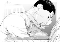 Rule 34 | 1boy, animal, animal hug, black eyes, black hair, cat, closed mouth, collar, collared shirt, commentary request, closed eyes, facial hair, facial scar, framed, from side, goatee, golden kamuy, greyscale, hair slicked back, hair strand, holding, holding paper, hug, long sleeves, male focus, monochrome, nakamura mami, ogata hyakunosuke, paper, reading, scar, scar on cheek, scar on face, shirt, short hair, signature, simple background, solo, stubble, undercut, upper body, white background, white shirt