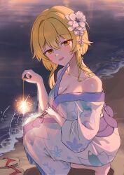 Rule 34 | 1girl, absurdres, alternate costume, beach, blonde hair, blush, breasts, cleavage, collarbone, domodomo0708, feet out of frame, fireworks, floral print kimono, flower, genshin impact, hair flower, hair ornament, highres, holding, holding fireworks, japanese clothes, kimono, large breasts, looking at viewer, lumine (genshin impact), nail polish, obi, omamori, open mouth, pouch, sand, sash, senkou hanabi, shoes, short hair with long locks, single off shoulder, solo, sparkler, squatting, unworn shoes, white kimono, yellow eyes, yellow nails