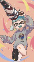 Rule 34 | 1boy, black footwear, blue hair, commentary request, confetti, emphasis lines, grey sweater, gun, highres, holding, holding gun, holding weapon, inkling, inkling boy, inkling player character, nastar r0, nintendo, open mouth, pink background, print sweater, shoes, short hair, sleeves past wrists, smile, solo, splatoon (series), splatoon 3, squeezer (splatoon), sweater, teeth, upper teeth only, weapon