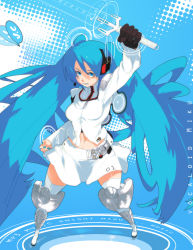 Rule 34 | 1girl, arm up, armor, bad id, bad pixiv id, blue eyes, blue hair, blue nails, blue theme, boots, foreshortening, gloves, grin, hatsune miku, headset, long hair, matching hair/eyes, nail polish, navel, overlord jc, polka dot, skirt, smile, solo, standing, sword, thigh boots, thighhighs, twintails, very long hair, vocaloid, weapon, zettai ryouiki