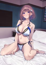 Rule 34 | 1girl, absurdres, baffu, bare arms, bare shoulders, barefoot, bed, bed sheet, bedroom, bikini, blue eyes, blue nails, blush, breasts, brown hair, cleavage, closed mouth, collarbone, earrings, gold trim, hair ornament, hairclip, halterneck, highres, hitoyo (baffu), indoors, jewelry, large breasts, looking at viewer, nail polish, navel, o-ring, on bed, original, paid reward available, pillow, pink nails, red nails, short hair, side-tie bikini bottom, sitting, solo, string bikini, swimsuit, thighs, wariza, white bikini