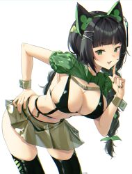 Rule 34 | 1girl, absurdres, animal ears, bent over, bikini, bikini under clothes, black bikini, black hair, black thighhighs, braid, breasts, cat tail, cleavage, commentary, commission, cowboy shot, fake animal ears, green eyes, green nails, hand on own hip, hand up, highres, index finger raised, large breasts, long hair, looking at viewer, miniskirt, nail polish, open mouth, original, revealing clothes, see-through, see-through skirt, short sleeves, shrug (clothing), sign, single braid, skirt, smile, solo, standing, steeb, strap, swimsuit, tail, thighhighs, thighs, warning sign, wing collar, wrist cuffs