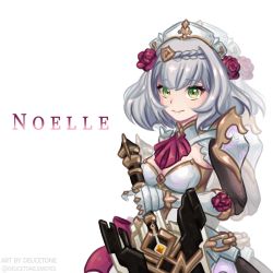 Rule 34 | armor, armored dress, breasts, character name, cleavage, deucetone, flower, gauntlets, genshin impact, grey hair, hair flower, hair ornament, highres, holding, holding sword, holding weapon, knight, large breasts, maid, maid headdress, noelle (genshin impact), pauldrons, red flower, red rose, rose, shoulder armor, smile, sword, twitter username, weapon, white background, yellow eyes