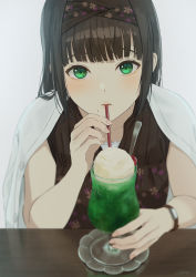 Rule 34 | 1girl, bad id, bad pixiv id, bare arms, black dress, black hair, black hairband, blunt bangs, blurry, cherry, commentary, depth of field, dress, drinking straw, drinking straw in mouth, english commentary, food, fruit, green eyes, grey background, hairband, highres, ice cream, ice cream float, kurosawa dia, long hair, looking at viewer, love live!, love live! sunshine!!, mole, mole under mouth, papi (papiron100), shirt, shirt on shoulders, signature, simple background, soft focus, solo, table, watch, white shirt, wristwatch