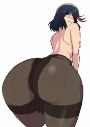 Rule 34 | 1girl, ass, ass focus, back, black hair, blue eyes, blush, breasts, highres, kill la kill, looking at viewer, looking back, matoi ryuuko, mkonstantinov, multicolored hair, one eye covered, pantyhose, parted lips, red hair, short hair, sideboob, solo, streaked hair, teeth, topless, white background