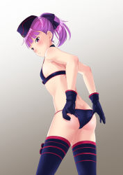 Rule 34 | 1girl, absurdres, adjusting clothes, adjusting swimsuit, ass, bikini, black bikini, black bow, black gloves, black hat, black thighhighs, blunt bangs, bow, butt crack, fate/grand order, fate (series), flat chest, garrison cap, gloves, grey background, hair bow, hat, helena blavatsky (fate), helena blavatsky (swimsuit archer) (fate), helena blavatsky (swimsuit archer) (third ascension) (fate), highres, parted lips, ponytail, purple hair, red eyes, short hair, simple background, solo, standing, swimsuit, thighhighs, zaregoto tsukai no deshi