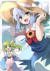 Rule 34 | 2girls, ascot, blue eyes, blue hair, bow, bowtie, cirno, daiyousei, dress, fairy wings, fang, flower, green eyes, green hair, hair between eyes, hand on headwear, hat, ice, ice wings, looking at viewer, multiple girls, open mouth, pinafore dress, ponta (wwtaimeww), puffy short sleeves, puffy sleeves, red bow, red bowtie, short hair, short sleeves, side ponytail, sleeveless, sleeveless dress, straw hat, sunflower, touhou, wings, yellow ascot