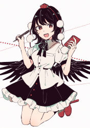 Rule 34 | 1girl, :d, black bow, black bowtie, black hair, black skirt, black wings, bow, bowtie, brown eyes, buttons, collared shirt, commentary request, dress shirt, fingernails, frilled skirt, frills, full body, geta, hands up, hat, holding, holding notepad, holding pen, looking at viewer, mozukuzu (manukedori), nib pen (object), notepad, open mouth, pen, pom pom (clothes), puffy short sleeves, puffy sleeves, shameimaru aya, shirt, short hair, short sleeves, skirt, smile, solo, split mouth, teeth, tengu-geta, tokin hat, touhou, upper teeth only, white background, white shirt, wings