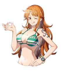 Rule 34 | 1girl, bare arms, bare shoulders, bikini, blush, bracelet, breasts, brown eyes, collarbone, hand on own hip, jewelry, kobayashi sakon, large breasts, log pose, long hair, nami (one piece), navel, one eye closed, one piece, orange hair, shoulder tattoo, simple background, smile, solo, swimsuit, tattoo, tongue, tongue out, white background