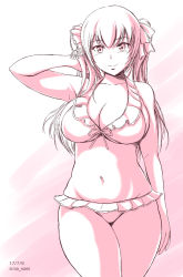 Rule 34 | 1girl, artist name, bikini, blush, breasts, cleavage, closed mouth, dated, frilled bikini, frills, hair ribbon, large breasts, long hair, looking at viewer, monochrome, navel, original, pink background, ribbon, shiina nami, simple background, sketch, solo, swimsuit, thick thighs, thighs, twintails