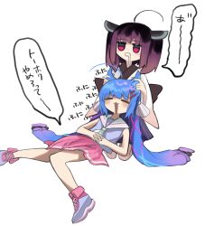 Rule 34 | 2girls, :3, absurdres, ahoge, animal ears, blade, blue hair, blush, brown hair, cat ears, closed eyes, commentary request, drooling, furrowed brow, gradient hair, hair ornament, hair ribbon, hairclip, hakumai (vnbnvnn), hands on own stomach, headgear, highres, interlocked fingers, japanese clothes, jitome, kemonomimi mode, kimono, knees together feet apart, long hair, low twintails, lying on lap, medium hair, mouth drool, multicolored hair, multiple girls, open mouth, otomachi una, otomachi una (talkex), own hands together, pink skirt, pleated skirt, purple hair, purple shirt, purple skirt, raised eyebrows, reclining, red eyes, ribbon, sailor collar, seiza, shirt, shoes, short kimono, simple background, sitting, skirt, sleeveless, sleeveless shirt, sneakers, talkex, touhoku kiritan, translation request, twintails, very long hair, voiceroid, white background, white kimono, white ribbon, white sailor collar, wide sleeves