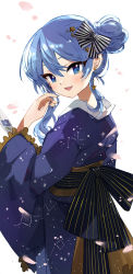 Rule 34 | 1girl, :d, blue eyes, blue hair, blue kimono, blue nails, blush, bow, constellation print, from side, hair between eyes, hair bow, hair bun, hair ornament, hololive, hoshimachi suisei, japanese clothes, kimono, long hair, long sleeves, looking at viewer, looking to the side, nail polish, obi, open mouth, print kimono, sash, shadowsinking, simple background, single hair bun, smile, solo, star (symbol), star hair ornament, star in eye, striped, striped bow, symbol in eye, virtual youtuber, white background, wide sleeves