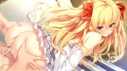 Rule 34 | 1boy, 1girl, ass, ass grab, blonde hair, blood, blush, bookshelf, breasts, cum, cum in pussy, defloration, dutch angle, game cg, hair ribbon, hetero, highres, library, looking back, nipples, penis, purple eyes, pussy, reverse cowgirl position, ribbon, school uniform, sex, sex from behind, skirt, small breasts, source request, straddling, tears