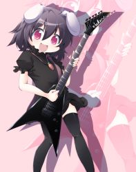 Rule 34 | 1girl, :d, alternate color, alternate costume, animal ears, black dress, black thighhighs, dress, electric guitar, female focus, guitar, highres, inaba tewi, instrument, jackson guitars, looking at viewer, niyadepa, open mouth, rabbit ears, red eyes, smile, solo, thighhighs, touhou, zoom layer