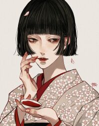Rule 34 | 1girl, black eyes, black hair, blunt bangs, blunt ends, bob cut, cherry blossom print, commentary request, cup, fingernails, floral print, floral print kimono, grey background, hand up, highres, holding, holding cup, japanese clothes, kagoya1219, kimono, lips, long sleeves, looking at viewer, original, petals, short hair, signature, simple background, solo, tears, upper body
