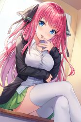 Rule 34 | 1girl, arm across waist, backlighting, black cardigan, black ribbon, blue eyes, blush, breasts, cardigan, collarbone, collared shirt, commentary, crossed legs, curtains, day, desk, dress shirt, dutch angle, feet out of frame, fingernails, from below, go-toubun no hanayome, green skirt, hair ribbon, hitsukuya, indoors, long hair, long sleeves, looking at viewer, medium breasts, miniskirt, nail polish, nakano nino, on desk, open cardigan, open clothes, pink hair, pleated skirt, purple nails, ribbon, school desk, school uniform, shirt, sitting, on desk, skirt, sleeves past wrists, solo, sunlight, taut clothes, taut shirt, thighhighs, tongue, tongue out, two side up, very long hair, white shirt, white thighhighs, window, zettai ryouiki