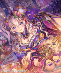 Rule 34 | 1girl, animal, bird, blush, breasts, chick, company name, copyright name, flower, hair flower, hair ornament, holding, holding wand, large breasts, long hair, official art, parted lips, purple eyes, sengoku saga, silver hair, smile, teeth, twintails, wand, yeonwa