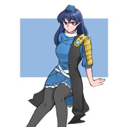 Rule 34 | :/, armor, black pantyhose, blue background, blue dress, blue hair, breasts, commentary, dress, english commentary, feet out of frame, frilled dress, frills, hat, highres, iizunamaru megumu, large breasts, legs together, looking at viewer, mata (matasoup), narrow waist, pantyhose, pauldrons, pointy ears, red eyes, ribbon trim, sash, sexually suggestive, shoulder armor, simple background, sitting, solo, surcoat, tokin hat, touhou, two-tone background, unconnected marketeers, white background