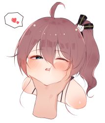 Rule 34 | 1girl, absurdres, ahoge, blue eyes, blush, brown hair, cat hair ornament, chessy, grabbing another&#039;s chin, hair between eyes, hair ornament, hand on another&#039;s chin, heart, highres, hololive, looking at viewer, natsuiro matsuri, one eye closed, side ponytail, simple background, solo focus, spoken heart, teeth, upper teeth only, virtual youtuber, white background