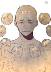 Rule 34 | 1boy, artist name, bad id, bad pixiv id, bald, bare shoulders, collarbone, facial mark, forehead mark, humanization, karmaho, looking at viewer, male focus, monk, monochrome, open mouth, orb, overwatch, overwatch 1, reaching, reaching towards viewer, simple background, solo, spot color, topless male, upper body, white background, yellow eyes, zenyatta (overwatch)