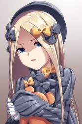 Rule 34 | 1girl, abigail williams (fate), absurdres, black bow, black dress, black hat, blonde hair, blue eyes, bow, brown background, commentary request, dress, fate/grand order, fate (series), forehead, gradient background, hair bow, hat, head tilt, highres, hugging object, long hair, long sleeves, looking at viewer, mkon, orange bow, parted bangs, parted lips, polka dot, polka dot bow, shaded face, sleeves past fingers, sleeves past wrists, solo, stuffed animal, stuffed toy, teddy bear, teeth, upper body, upper teeth only, very long hair
