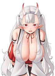 Rule 34 | 1girl, ajidot, bare shoulders, black thighhighs, breasts, cleavage, colored eyelashes, detached sleeves, draculina (last origin), earrings, fangs, hanging breasts, highres, hip vent, horns, huge breasts, jewelry, last origin, long hair, long pointy ears, miniskirt, official alternate costume, pointy ears, red eyes, red skirt, simple background, skin-covered horns, skin fangs, skirt, slit pupils, solo, sweatdrop, thighhighs, twintails, very long hair, white background, white hair, zettai ryouiki