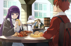 Rule 34 | 2boys, 2girls, beer mug, black coat, black hair, blunt bangs, bread, brown hair, capelet, chair, cheese, closed mouth, coat, collared shirt, cup, day, dress, eating, elf, expressionless, fern (sousou no frieren), food, frieren, head rest, headpat, holding, holding food, light particles, long coat, long hair, long sleeves, mug, multicolored hair, multiple boys, multiple girls, nyoro (nyoronyoro000), on chair, open clothes, open coat, outdoors, pointy ears, purple eyes, purple hair, red coat, red hair, sein (sousou no frieren), shirt, short hair, sitting, skirt, sousou no frieren, standing, stark (sousou no frieren), straight hair, table, twintails, two-tone hair, very long hair, white capelet, white dress, white hair, white shirt, white skirt
