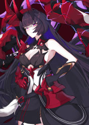 Rule 34 | 1girl, absurdres, armpits, asymmetrical gloves, bare shoulders, black gloves, black hair, breasts, cleavage, closed mouth, disembodied hand, electricity, evzeva, gloves, hair between eyes, hands on own hips, highres, holding, holding sword, holding weapon, honkai (series), honkai impact 3rd, horns, katana, long hair, looking at viewer, mismatched gloves, navel, purple eyes, raiden mei, raiden mei (herrscher of thunder), red gloves, solo, sword, weapon