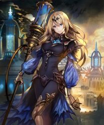 Rule 34 | 1girl, black leotard, blonde hair, blue dress, blue eyes, breasts, building, cloud, cloudy sky, dress, gauntlets, gem, gold, holding, holding weapon, large breasts, leotard, looking at viewer, mechanical hands, nijihara, serious, shadowverse, sky, steampunk, tetra sapphire rebel, torn clothes, torn dress, weapon, whip