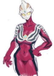 Rule 34 | 1girl, bad id, bad pixiv id, closed mouth, collarbone, commentary request, covered collarbone, covered navel, genderswap, genderswap (mtf), hand on own hip, nicholas f, no pupils, simple background, sketch, solo, ultra series, ultraman, ultraman cosmos (series), ultraman justice, white background, yellow eyes
