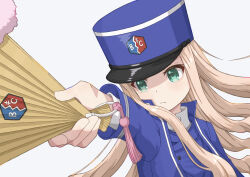 Rule 34 | absurdres, bc freedom military uniform, blonde hair, blue hat, blue jacket, girls und panzer, green eyes, hand fan, hat, head tilt, highres, holding, holding fan, jacket, looking to the side, marie (girls und panzer), military hat, military jacket, qgkmn541