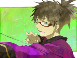 Rule 34 | 00s, 1boy, bespectacled, black hair, cocoa77, glasses, green background, green eyes, male focus, ponytail, raven (tales), smile, solo, tales of (series), tales of vesperia