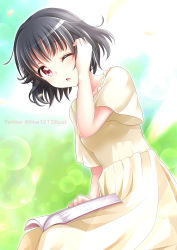 Rule 34 | 1girl, artist name, bang dream!, black hair, book, book on lap, dress, dutch angle, hand up, highres, lens flare, looking at viewer, one eye closed, open mouth, reading, red eyes, short hair, sitting, solo, tina1213, ushigome rimi, yellow dress