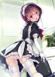 Rule 34 | 1girl, :o, apron, ass, bad id, bad pixiv id, black dress, window blinds, blush, brown eyes, brown hair, cabinet, chair, commentary request, day, dress, elbow gloves, frilled apron, frills, from behind, garter straps, gloves, high heels, highres, indoors, kobayashi chisato, lace trim, looking at viewer, looking back, maid, maid headdress, office chair, open mouth, original, panties, pantyshot, plant, potted plant, puffy short sleeves, puffy sleeves, revision, short dress, short hair, short sleeves, sidelocks, solo, standing, swivel chair, thighhighs, thighs, underwear, upskirt, white gloves, white panties, white thighhighs