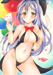 Rule 34 | 10s, 1girl, animal ears, balloon, black leotard, black panties, blue hair, blush, bow, bowtie, bracelet, breasts, brown eyes, cameltoe, card, closed mouth, clothing cutout, coattails, commentary request, covered erect nipples, detached collar, fake animal ears, hair between eyes, highres, jewelry, leotard, long hair, love live!, love live! school idol project, marker (medium), medium breasts, navel, navel cutout, panties, petals, playing card, purple hair, rabbit ears, red bow, red bowtie, saya pr, smile, solo, sonoda umi, standing, traditional media, underwear