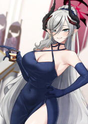 Rule 34 | 3girls, absurdres, armpits, blue dress, blue gloves, blush, breasts, cleavage, covered navel, cup, demon horns, dress, elbow gloves, gloves, grey hair, hand on own hip, highres, holding, holding cup, horns, large breasts, long hair, looking at viewer, makoto (blue archive), makoto (dress) (blue archive), multiple girls, multiple horns, nassss, official alternate costume, pandemonium society member (blue archive), pointy ears, smile, solo focus, tea, very long hair