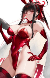 1girl animal_ears black_hair blue_archive blush breasts cape commentary covered_navel detached_collar elbow_gloves fake_animal_ears fur_cape gloves halo highleg highleg_leotard large_breasts leotard long_hair looking_at_viewer okitakung playboy_bunny ponytail rabbit_ears red_eyes red_gloves red_leotard red_thighhighs rio_(blue_archive) solo thighhighs tray very_long_hair