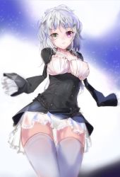 Rule 34 | 1girl, amputee, armless amputee, bad id, bad pixiv id, breasts, covered erect nipples, double amputee, green eyes, haikeiyu, heterochromia, long hair, looking at viewer, medium breasts, no arms, original, purple eyes, silver hair, solo, thighhighs, zettai ryouiki
