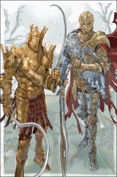 Rule 34 | 2boys, absurdres, armor, bare tree, cape, d hunter of the dead, dark souls (series), dark souls i, dual wielding, elden ring, from software, full armor, full body, gold armor, grey background, highres, holding, holding sickle, holding weapon, knight lautrec of carim, looking at viewer, male focus, multiple boys, nslacka, reflective floor, simple background, standing, sword, tree, weapon