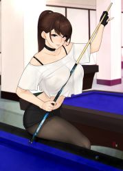 Rule 34 | 1girl, billiards, black bra, black choker, black shorts, blue eyes, bra, bra visible through clothes, breasts, brown hair, choker, collarbone, crop top, cue stick, earrings, gloves, hair behind ear, hair between eyes, high ponytail, highres, holding cue stick, indoors, jewelry, korean commentary, large breasts, midriff, mole, mole under eye, navel, off shoulder, original, pantyhose, partially fingerless gloves, pool table, see-through, shirt, shorts, sitting, sitting on table, stick, swept bangs, table, thighs, underwear, white shirt, zcune