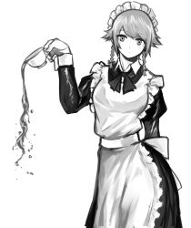 Rule 34 | 1girl, absurdres, apron, bow, braid, cup, dress, expressionless, frilled apron, frilled skirt, frills, greyscale, hair bow, highres, holding, holding cup, izayoi sakuya, long sleeves, maid, maid apron, maid headdress, monochrome, sen (daydream 53), short hair, silver hair, skirt, tea, touhou, twin braids