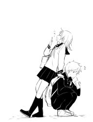 Rule 34 | 1boy, 1girl, ^^^, backpack, bag, commentary request, closed eyes, from side, gakuran, greyscale, hand on another&#039;s shoulder, hand up, high contrast, highres, holding, juice box, kneehighs, leaning on person, long sleeves, medium hair, miniskirt, monochrome, neckerchief, original, pants, pleated skirt, school bag, school uniform, serafuku, shoes, simple background, skirt, socks, squatting, taneda yuuta, translation request, white background, yawning
