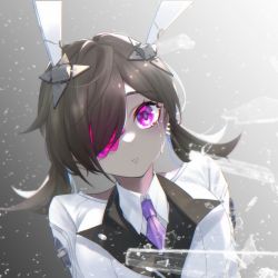 Rule 34 | 1girl, brown hair, crying, crying with eyes open, dark-skinned female, dark skin, eyepatch, grey background, headgear, highres, long hair, looking at viewer, necktie, purple eyes, purple necktie, shirt, simple background, solo, tears, tower of fantasy, twintails, umi (tower of fantasy), upper body, white shirt, zhe feng yi