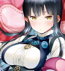 Rule 34 | 1girl, :/, am (summon night), black hair, blunt bangs, breasts, character request, commentary request, creature, fur-trimmed collar, fur collar, fur trim, hair over shoulder, high collar, jewelry, large breasts, lips, long hair, long sleeves, looking at viewer, pendant, pout, quilt (summon night), shirt, short eyebrows, strap, summon night, summon night 6 lost borders, upper body, white shirt, yanyo (ogino atsuki), yellow eyes