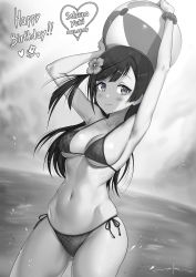 Rule 34 | 1girl, armpits, arms up, artist name, ball, beachball, bikini, blush, breasts, character name, closed mouth, collarbone, commentary request, cowboy shot, dated, flower, gluteal fold, greyscale, hair flower, hair ornament, halterneck, heart, highres, large breasts, long hair, looking at viewer, love live!, love live! nijigasaki high school idol club, mixed-language commentary, monochrome, navel, ocean, outdoors, scrunchie, side-tie bikini bottom, signature, skindentation, smile, solo, stomach, string bikini, swept bangs, swimsuit, unsfrau, water, wide hips, wrist scrunchie, yuki setsuna (love live!)