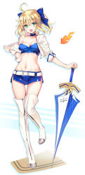 Rule 34 | 1girl, :d, ahoge, artoria pendragon (all), artoria pendragon (fate), belt, belt buckle, blonde hair, blue bow, blue choker, blue skirt, blush, boots, bow, breasts, buckle, choker, collarbone, commentary request, crop top, cropped jacket, excalibur (fate/stay night), fate/stay night, fate (series), fire, full body, green eyes, hair between eyes, hair bow, head tilt, highres, jacket, medium breasts, miniskirt, official alternate costume, official alternate hairstyle, open clothes, open jacket, open mouth, ponytail, race queen, saber (fate), saber (type-moon racing) (fate), short sleeves, skirt, smile, solo, standing, standing on one leg, thigh boots, thighhighs, umbrella, white belt, white footwear, white jacket, white thighhighs, youta