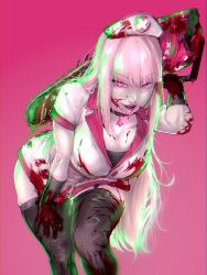 Rule 34 | 1girl, :d, absurdres, anuttsuii, black gloves, black thighhighs, blood, blood on clothes, blood on face, breasts, chainsaw, cleavage, gloves, hat, highres, holding, holding chainsaw, hololive, hololive english, leaning forward, long hair, looking at viewer, mori calliope, nurse cap, open mouth, pink background, pink eyes, pink hair, simple background, smile, solo, teeth, thighhighs, very long hair, virtual youtuber